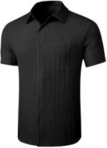 MenButton Down T-Shirts Textured Short Casual Summer Hawaiian Beach T-Shirt with Pocket - Image 2