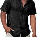 MenButton Down T-Shirts Textured Short Casual Summer Hawaiian Beach T-Shirt with Pocket