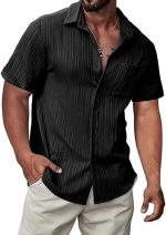 MenButton Down T-Shirts Textured Short Casual Summer Hawaiian Beach T-Shirt with Pocket