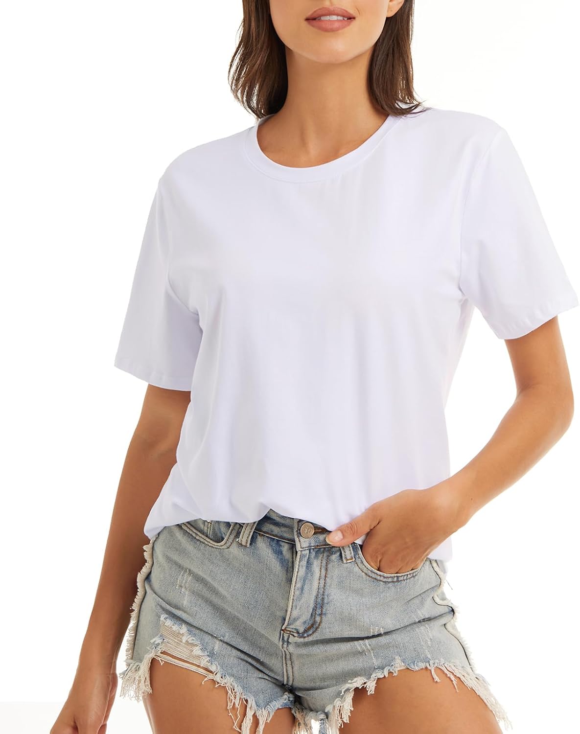 61HBJfrjCAL._AC_SL1500_.jpg Womens White Loose Short Sleeve Crewneck T-Shirt Basic Tops for Women | Womens Summer Cotton Crew Neck Loose Short Sleeve Womens Tops Tee T Shirts White Black Light Blue Red T Shirts for Women - Image 1