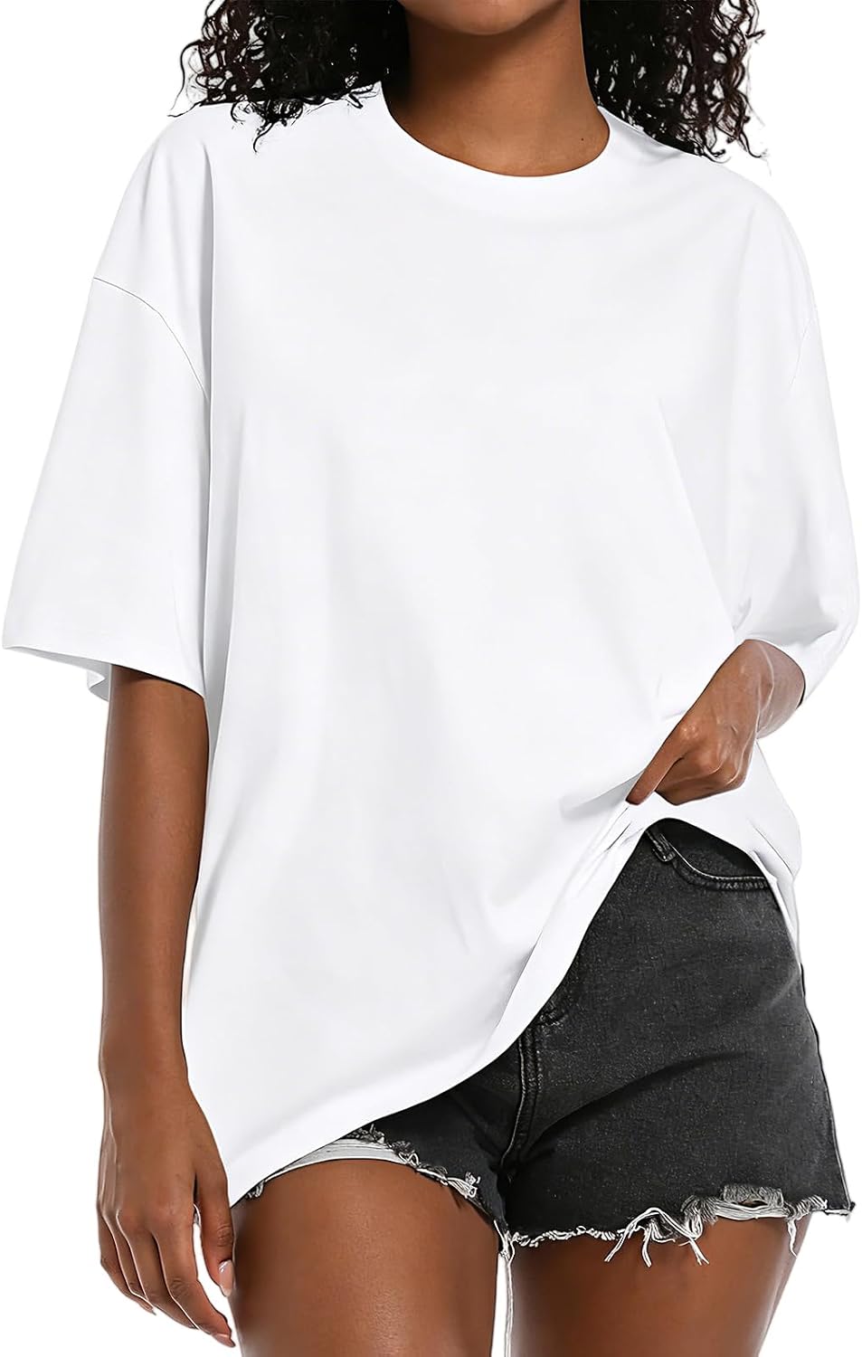 61XWJq-JJpL._AC_SL1500_.jpg Womens T-Shirts, Cotton Short Sleeve Workout Tops Crewneck Loose Fit Casual Drop Shoulder Gym Tees - Image 1
