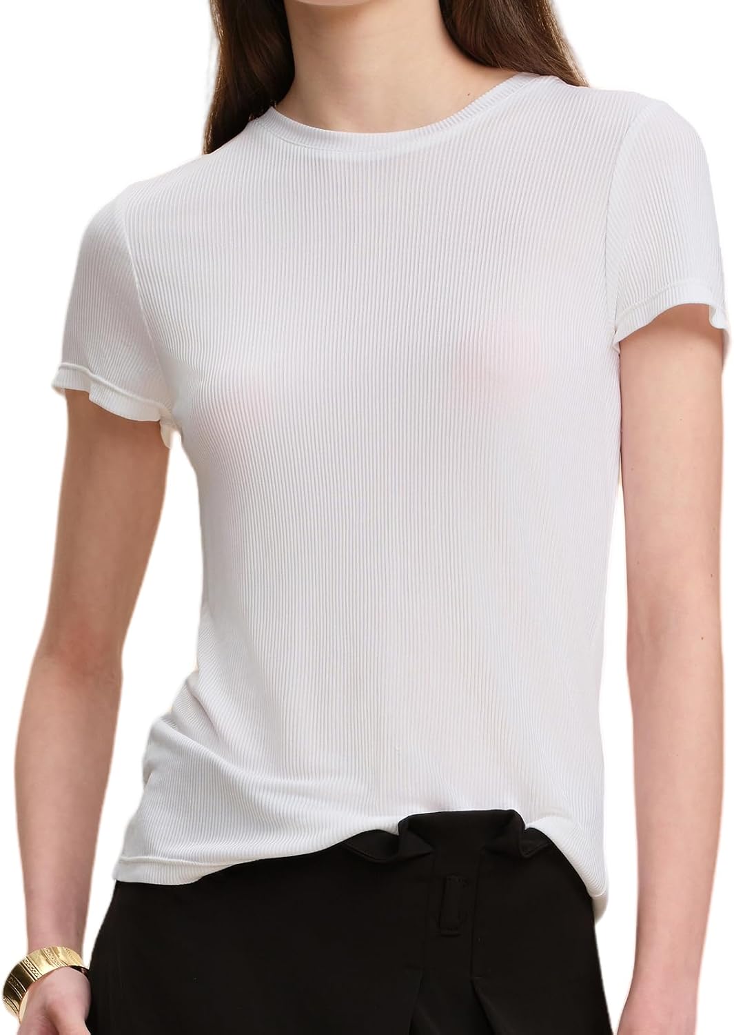 61yN9m8NFYL._AC_SL1500_.jpg Womens Basic 100% Silk T Shirts Slim Fit Ribbed Tops Tee | Summer Short Sleeve Crew Neck Tshirts,Casual Fashion Blouse,Ladies Solid Shirt,Lightweight Mulberry Silk Elegant Outfits - Image 1