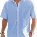 MenCotton Linen Short Sleeve T-Shirts Casual Lightweight Button Down T-Shirts Vacation Beach Summer Tops with Pocket