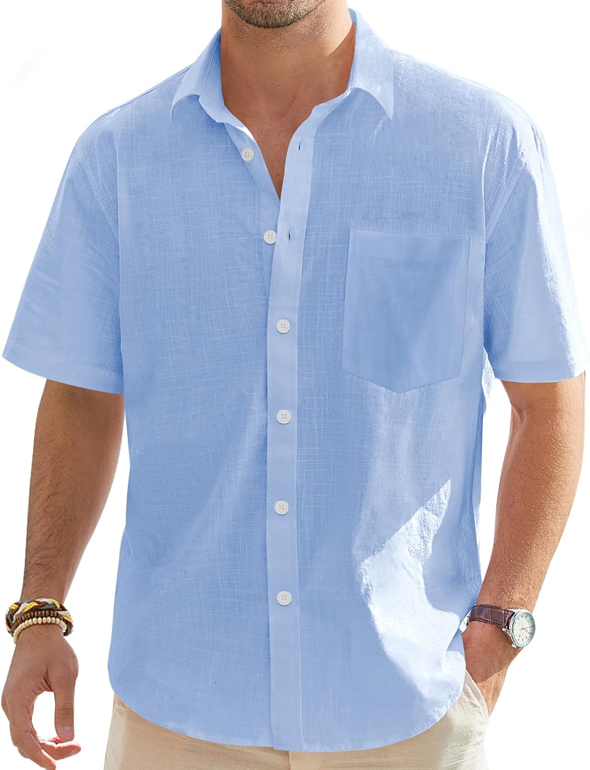 71FEmf-htQL._AC_SL1500_.jpg MenCotton Linen Short Sleeve T-Shirts Casual Lightweight Button Down T-Shirts Vacation Beach Summer Tops with Pocket - Image 1
