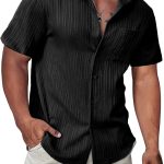 Hawaiian T-Shirt for Men Button Down Short Sleeve T-Shirts Textured Casual Summer Beach Linen T-Shirts