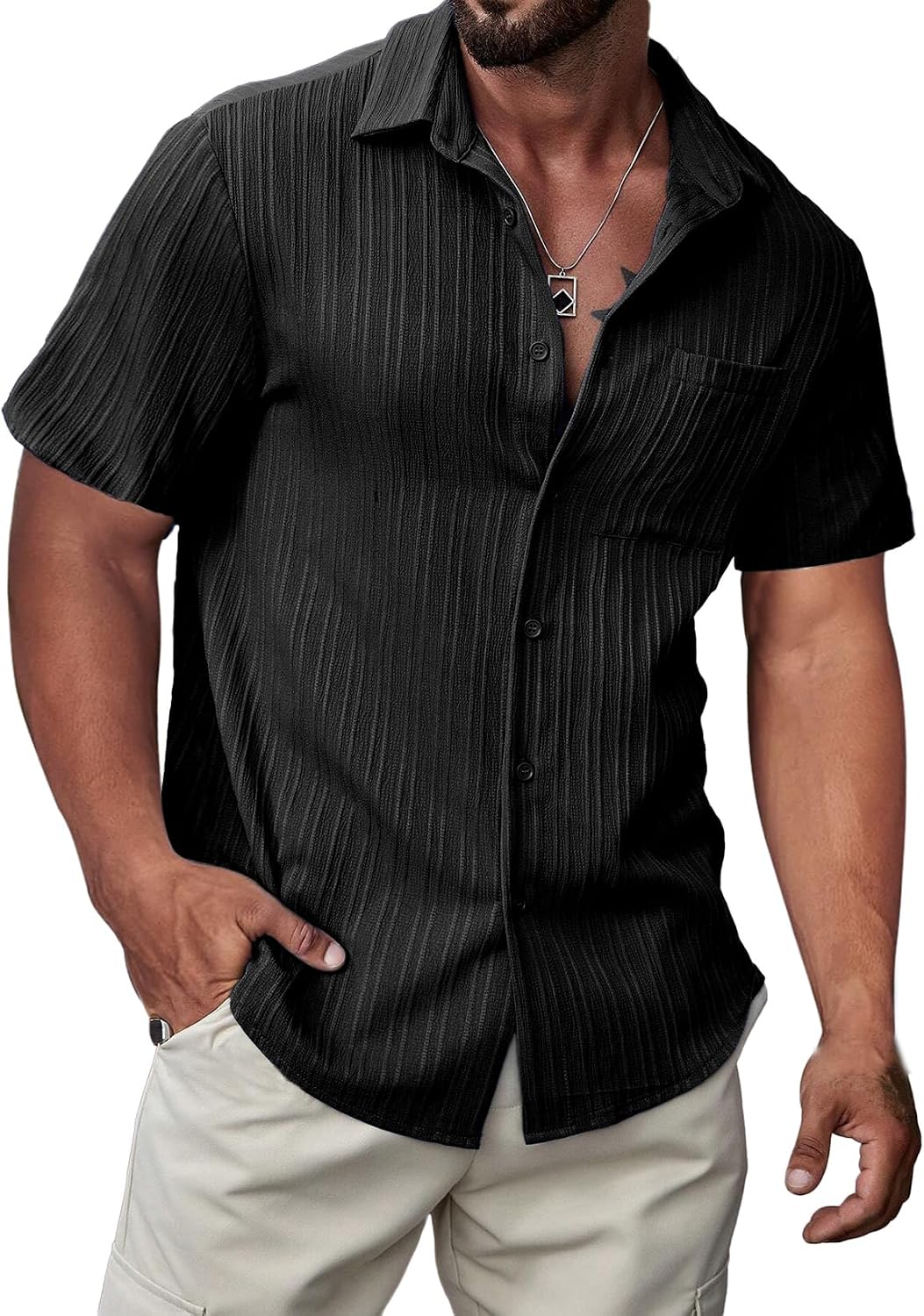 71FlAlyUS-L._AC_SL1500_.jpg Hawaiian T-Shirt for Men Button Down Short Sleeve T-Shirts Textured Casual Summer Beach Linen T-Shirts - Image 1