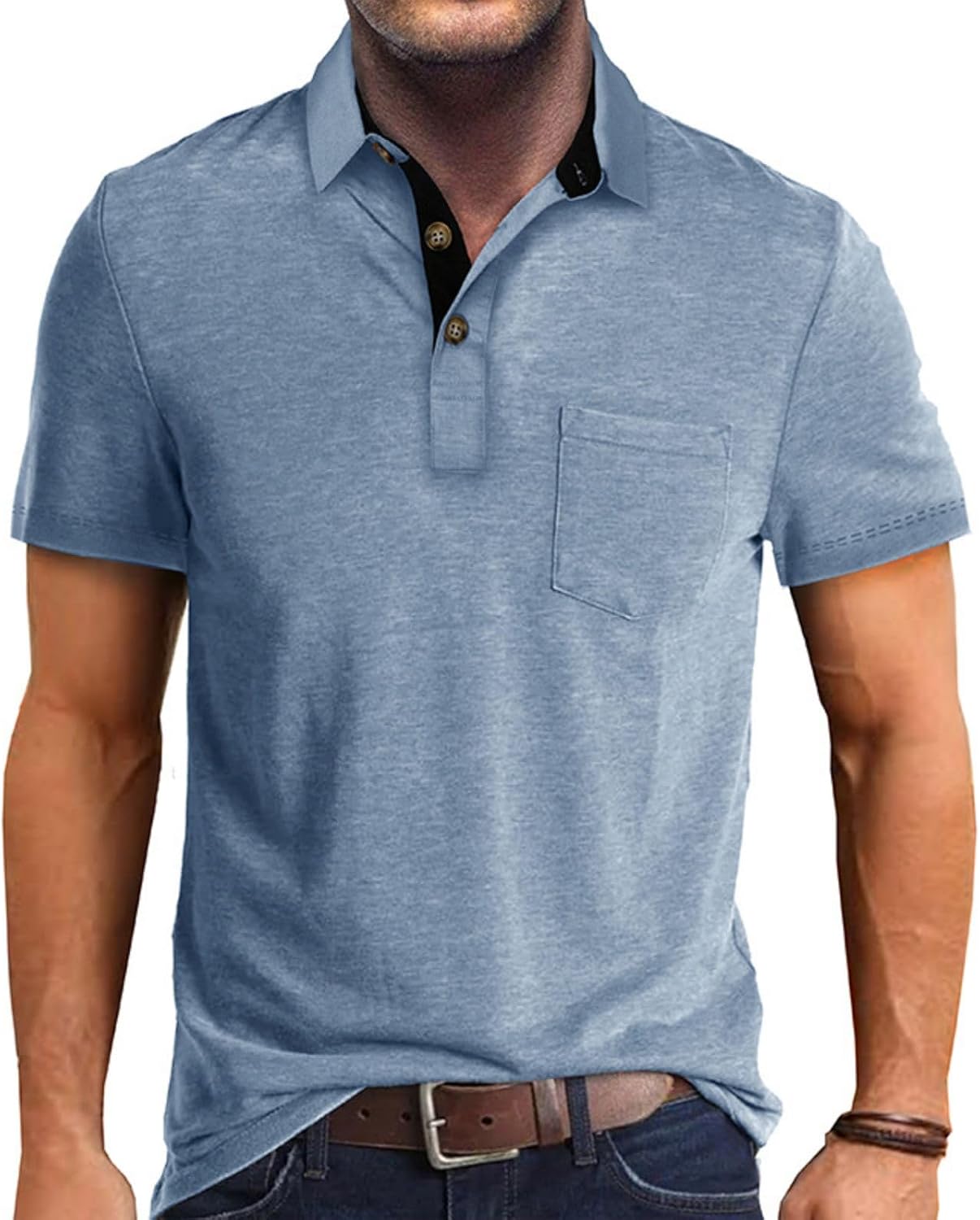71KQKTcbZL._AC_SL1500_.jpg MenFashion Casual T-Shirts Cotton Slim Fit Button Short Basic Golf Work Tops T-Shirt - Image 1