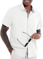 Mens Linen T-Shirts Summer Short Sve Button Down Beach Vacation Wedding T-Shirt Tops with Pocket