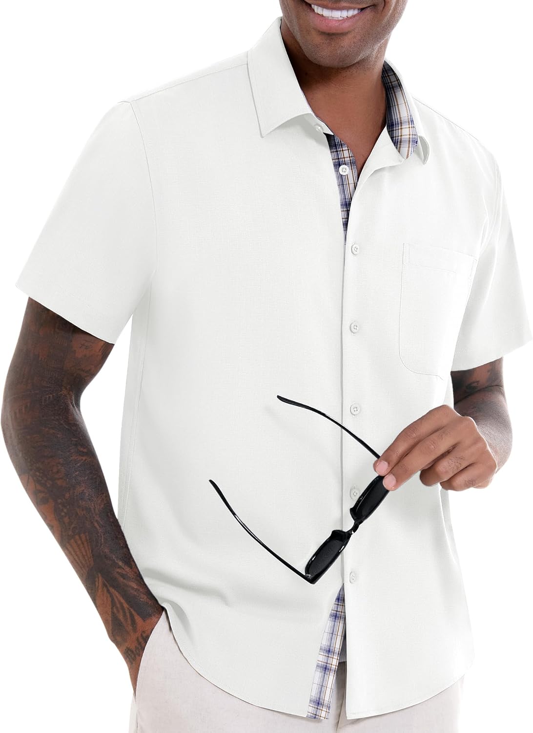 71PSytLmWyL._AC_SL1500_.jpg Mens Linen T-Shirts Summer Short Sve Button Down Beach Vacation Wedding T-Shirt Tops with Pocket - Image 1