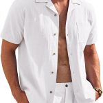 Mens Casual Cotton Linen T-Shirt Short Button Up T-Shirts Summer Beach Top T-Shirt
