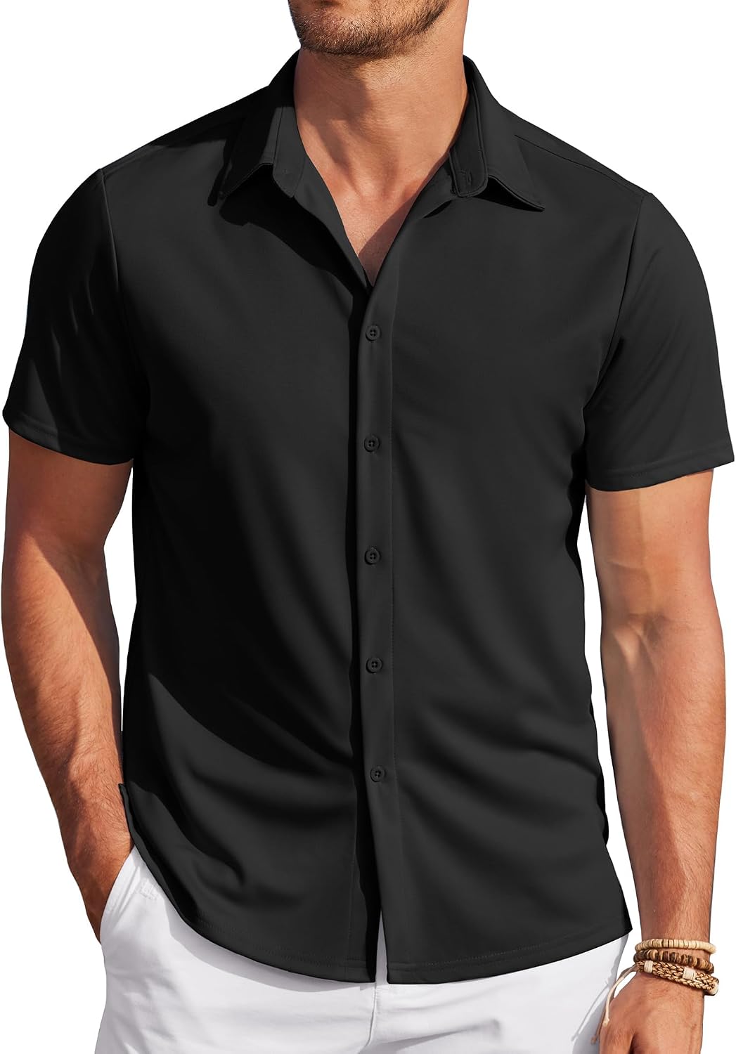 71XgOZgJ5nL._AC_SL1500_.jpg Mens Casual Wrinkle Free T-Shirts Short Sleeve Button Down Summer Stretch Dress T-Shirt - Image 1