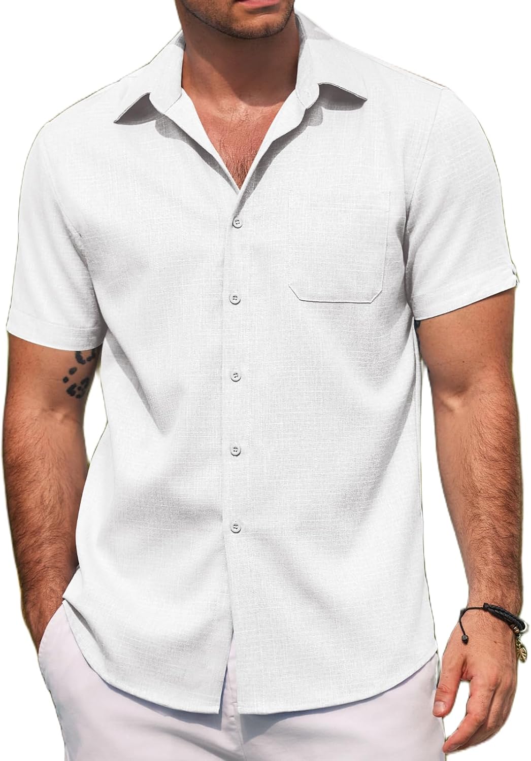 71oQF4wR1XL._AC_SL1500_.jpg MenLinen T-Shirts Short Sve Casual T-Shirts Summer Beach Button Down T-Shirts with Pocket - Image 1