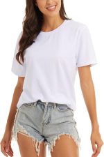 Womens White Loose Short Sleeve Crewneck T-Shirt Basic Tops for Women | Womens Summer Cotton Crew Neck Loose Short Sleeve Womens Tops Tee T Shirts White Black Light Blue Red T Shirts for Women - Image 2