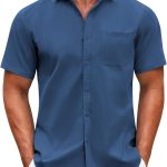 Mens Short Sleeve Casual Button Down T-Shirts Summer Untucked Dress T-Shirts with Pocket