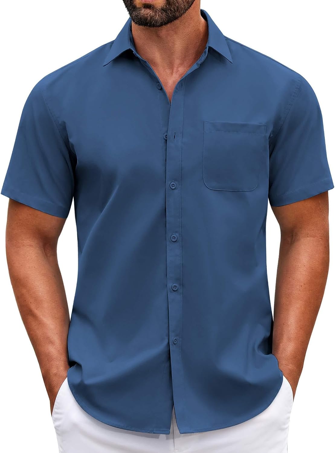 71uNlUL0ybL._AC_SL1500_.jpg Mens Short Sleeve Casual Button Down T-Shirts Summer Untucked Dress T-Shirts with Pocket - Image 1