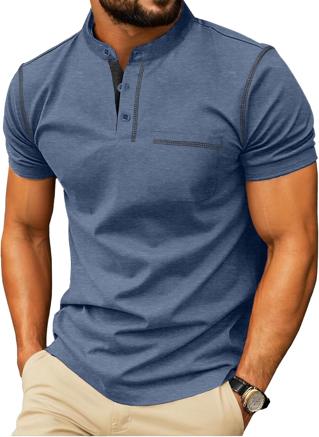 71w3ausb-GL._AC_SL1500_.jpg Mens Henley Shirts Short Sleeve Summer Casual Classic Cotton T Shirts Pocket Button Shirt - Image 1