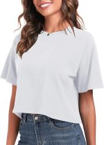 Women Workout Cropped T Shirts Crew Neck Short Sleeve Casual Loose Summer Crop Tee Tops Cotton - Image 2