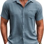 Mens Button Down Short Sleeve T-Shirt Casual T-Shirts Summer Beach Textured T-Shirts with Pocket