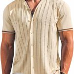 MenShort Knit T-Shirt Casual Button Down T-Shirt Vintage Striped Knitted Golf Beach Tops T-Shirt