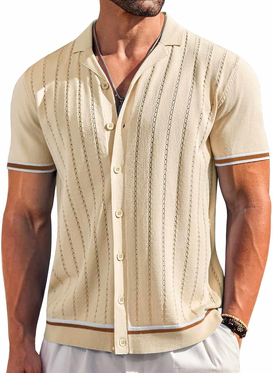 81LDbexSVCL._AC_SL1500_.jpg MenShort Knit T-Shirt Casual Button Down T-Shirt Vintage Striped Knitted Golf Beach Tops T-Shirt - Image 1