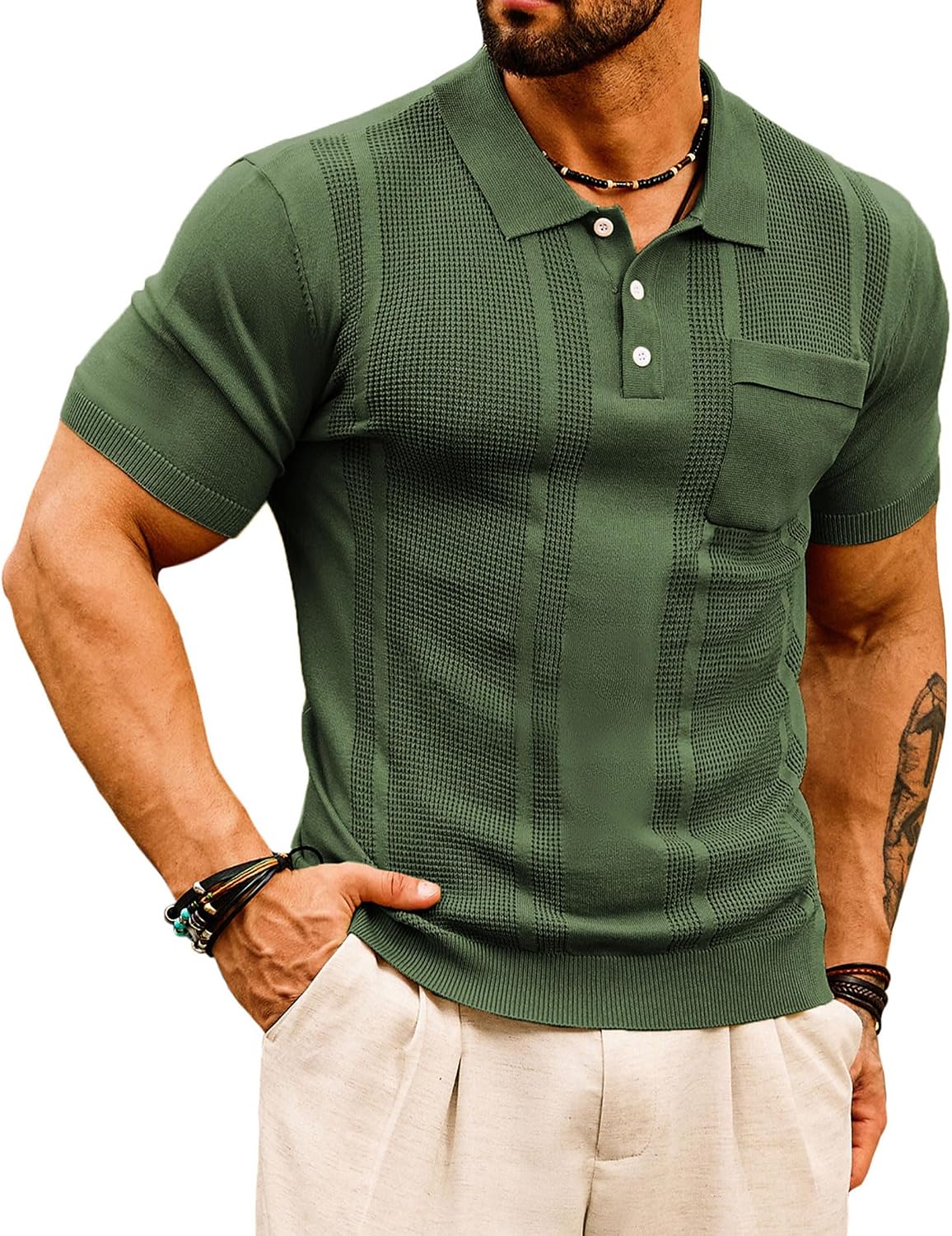 81LQF69qBuL._AC_SL1500_.jpg MenKnit T-Shirts Short Texture Lightweight Golf T-Shirts Sweater T-Shirt - Image 1