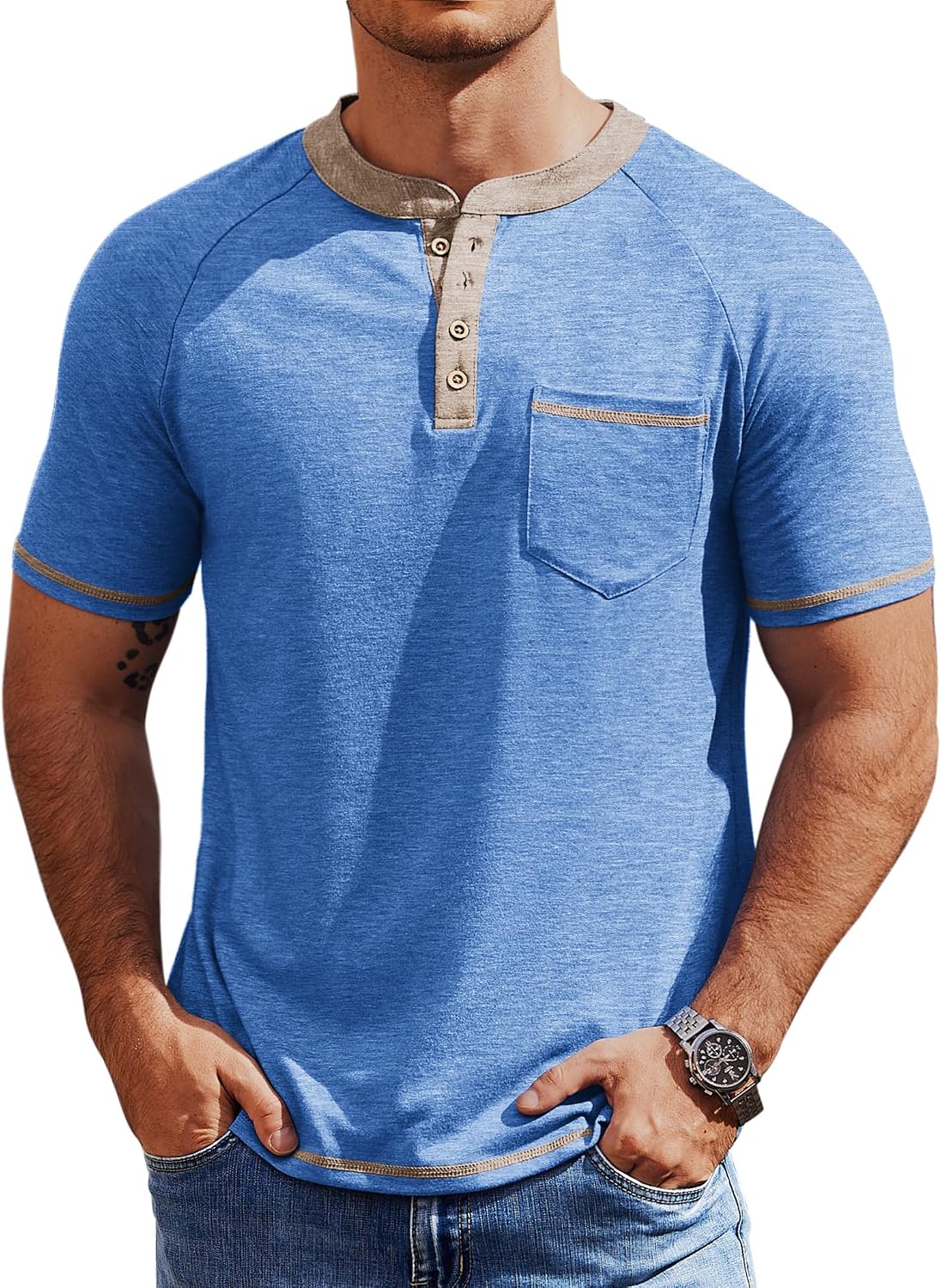 81N0LDgfMFL._AC_SL1500_.jpg Mens Henley T-Shirts Short Casual Button T-Shirts Basic Tee T-Shirts Summer Vintage T Shirts with Pocket - Image 1