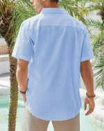 MenCotton Linen Short Sleeve T-Shirts Casual Lightweight Button Down T-Shirts Vacation Beach Summer Tops with Pocket - Image 2