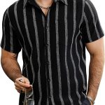 Mens Summer Striped T-Shirts Button Down Short Vintage Beach Hawaiian T-Shirts with Pocket