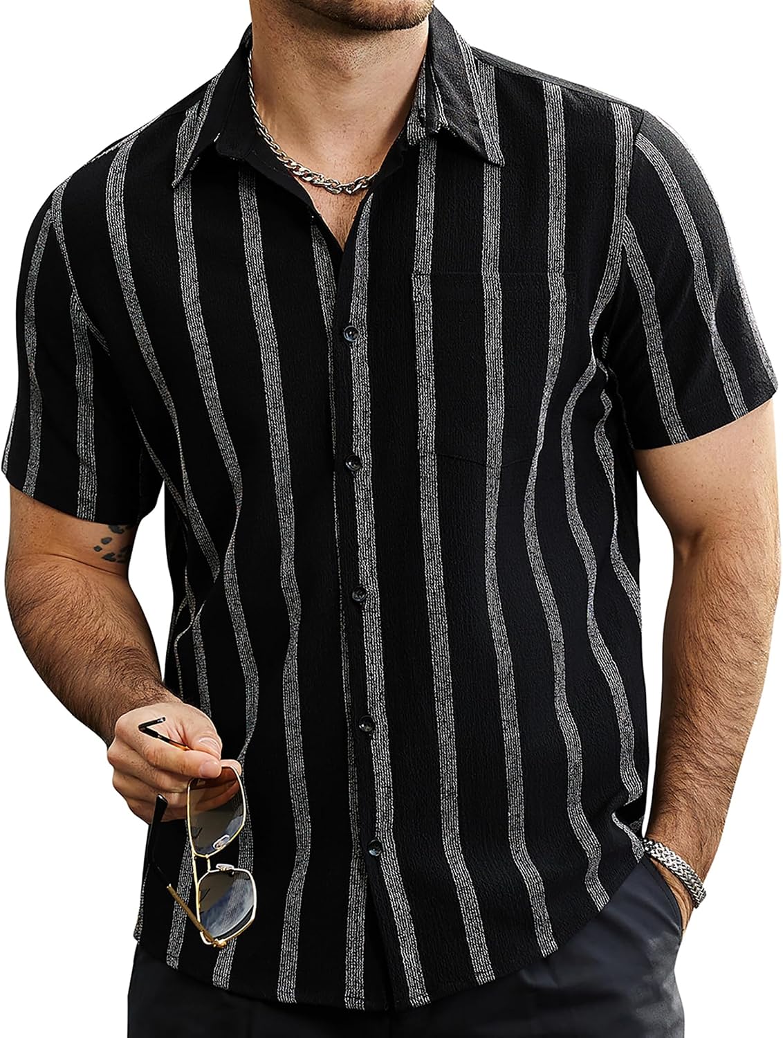 81eg0LnoPNL._AC_SL1500_.jpg Mens Summer Striped T-Shirts Button Down Short Vintage Beach Hawaiian T-Shirts with Pocket - Image 1