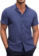 Mens Short Button Down T-Shirts Wrinkle Free Dress T-Shirts Casual Polka Dot Print T-Shirt with Pocket