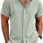 MenLinen T-Shirts Short Sleeve Casual T-Shirts Button Down T-Shirt for Men Beach Summer Wedding T-Shirt