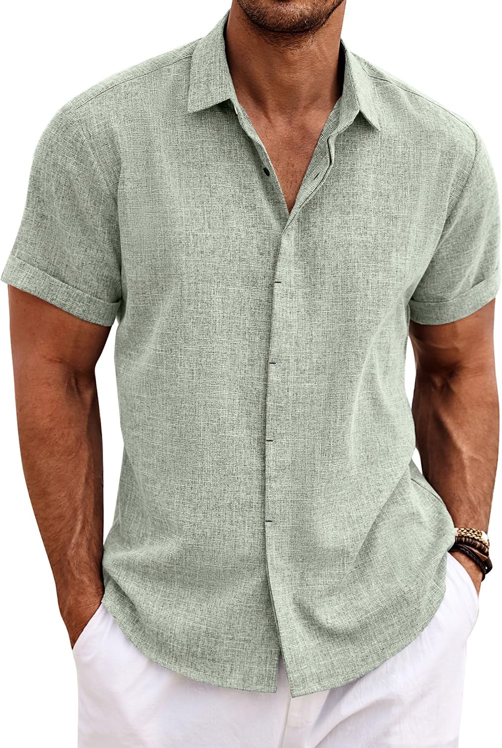 81oQBvBR-L._AC_SL1500_.jpg MenLinen T-Shirts Short Sleeve Casual T-Shirts Button Down T-Shirt for Men Beach Summer Wedding T-Shirt - Image 1