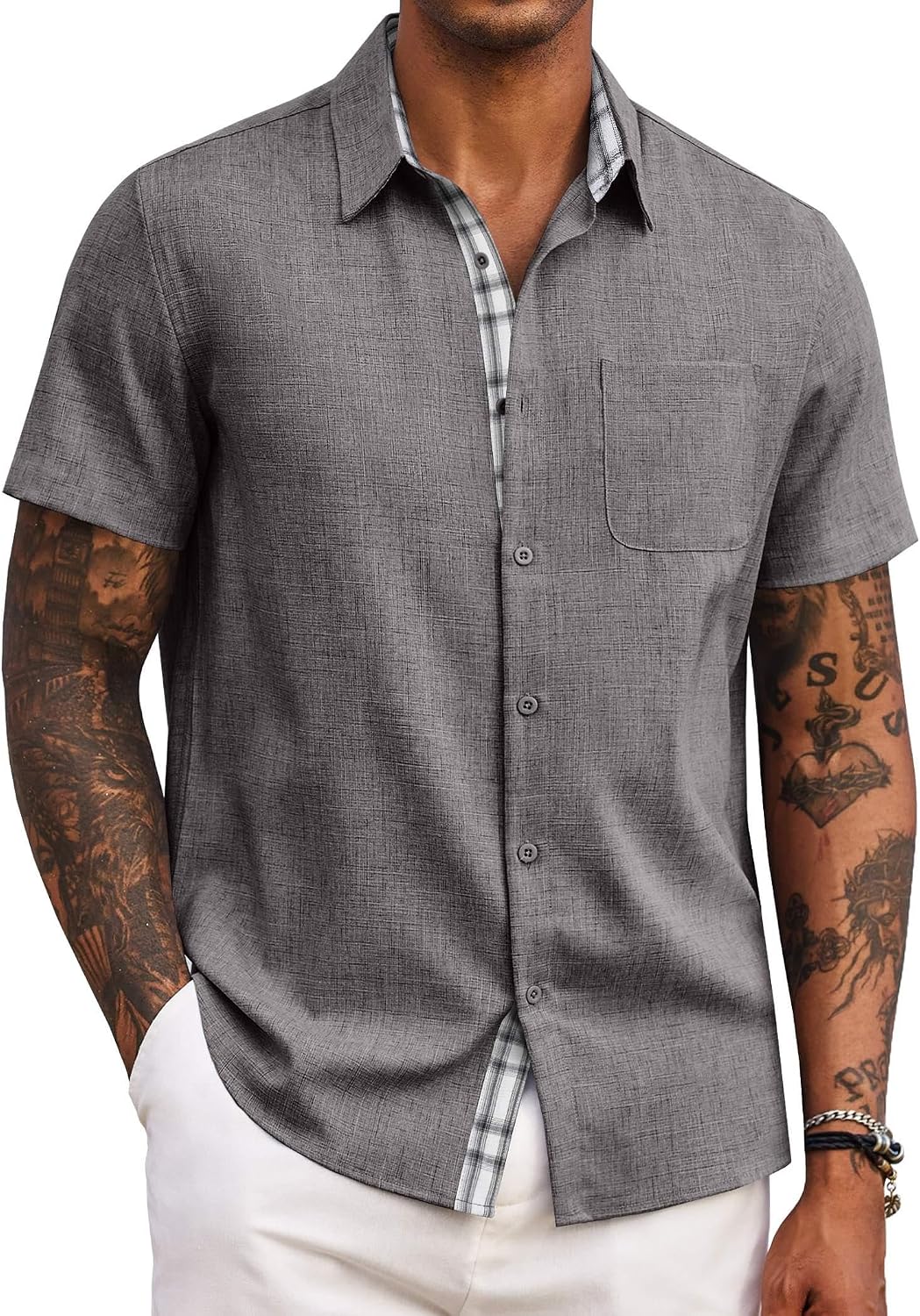 81pt689dyuL._AC_SL1500_.jpg MenButton Down T-Shirts Short Sleeve Casual T-Shirts Summer Beach T-Shirts Vacation Wedding T-Shirts with Pocket - Image 1