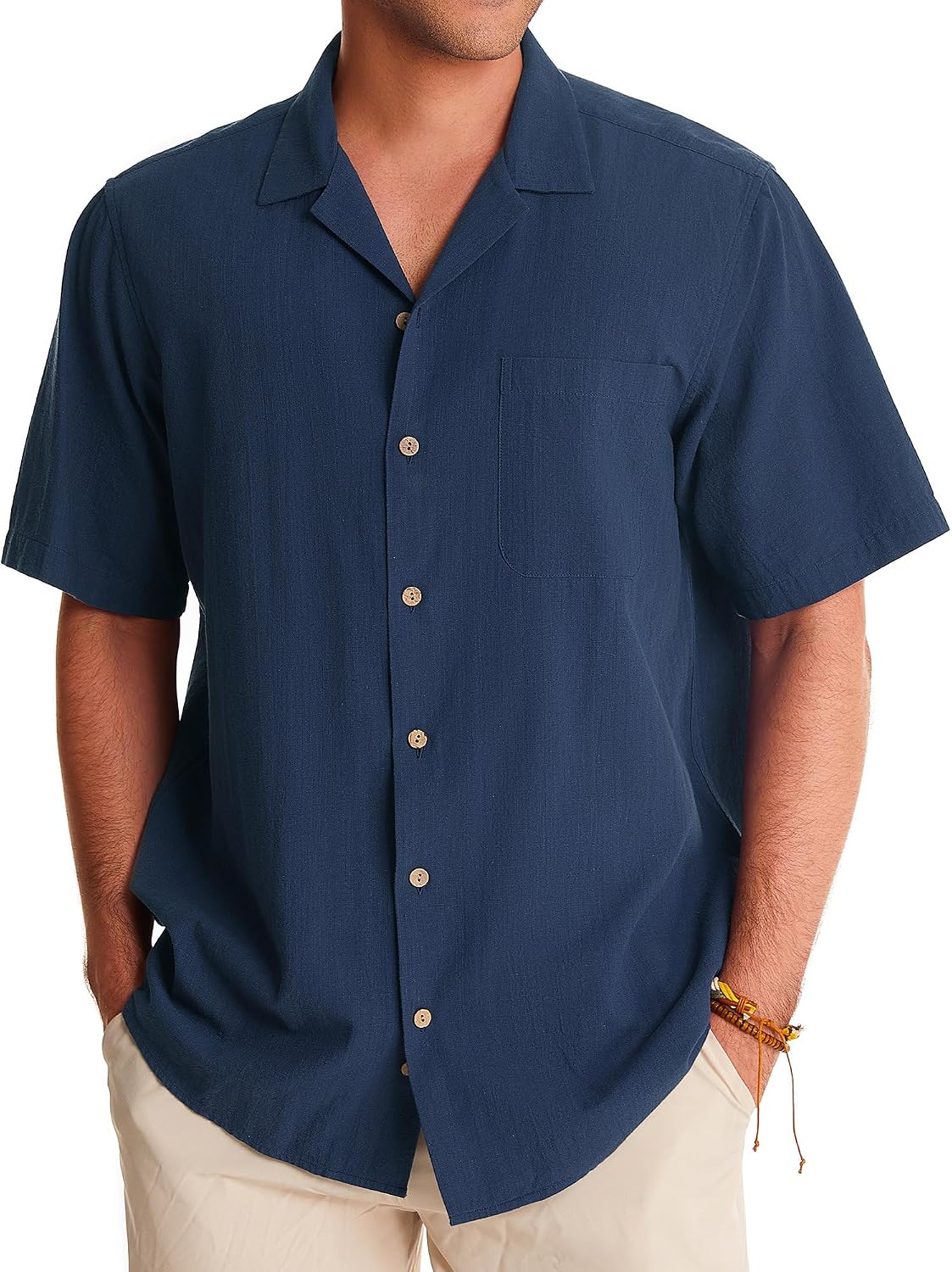 81wX9rYVrtL._AC_SL1500_.jpg Cuban Linen T-Shirts for Men Short Sleeve Button Down T-Shirt Cotton Summer Beach Camp Vacation Hawaiian T-Shirts - Image 1