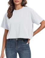 Women Workout Cropped T Shirts Crew Neck Short Sleeve Casual Loose Summer Crop Tee Tops Cotton
