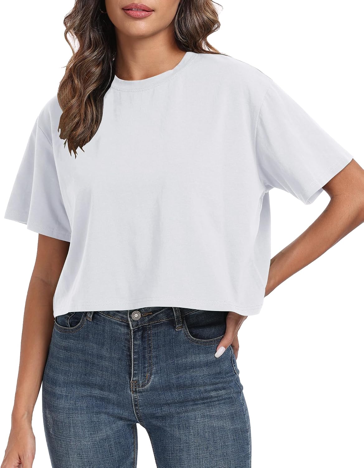 81zVwLlSubL._AC_SL1500_.jpg Women Workout Cropped T Shirts Crew Neck Short Sleeve Casual Loose Summer Crop Tee Tops Cotton - Image 1